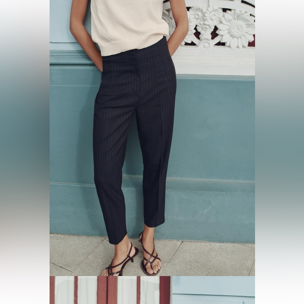 ZARA navy blue pinstripe jogger waist pants sz L nwt